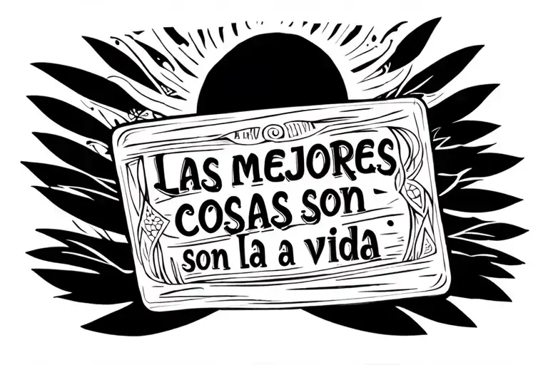 "Las mejores cosas son la vida " In a rectangle shape, the words in a pretty Spanish font. with a Argentinian sun tattoo design idea