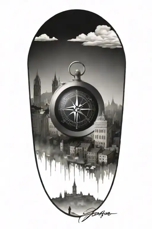 travel inspired tattoo with blended edges featuring compass and italian inspired buildings tattoo design idea