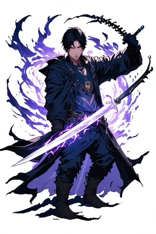 sung jinwoo from solo leveling anime with aura surrounding him holding his blades with his shadow army tattoo design idea