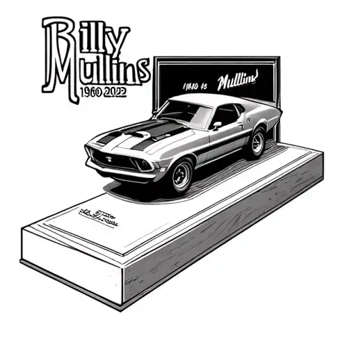 Line work of a sideways 1973 mustang on a trophy base with the words Billy Mullins 1960-2022 plaque on a floating shelf tattoo design idea