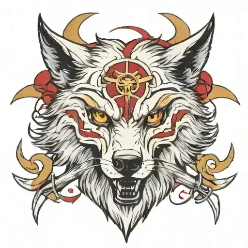 Snarling wolf face, Red Sigil left eye, Gold Sigil right eye, peerless scar under right eye. Glistening scythe in backgr tattoo design idea