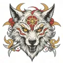 Snarling wolf face, Red Sigil left eye, Gold Sigil right eye, peerless scar under right eye. Glistening scythe in backgr tattoo design idea
