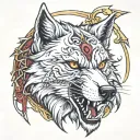 Snarling wolf face, Red Sigil left eye, Gold Sigil right eye, peerless scar under right eye. Glistening scythe in backgr tattoo design idea