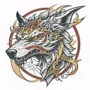 Snarling wolf face, Red Sigil left eye, Gold Sigil right eye, peerless scar under right eye. Glistening scythe in backgr tattoo design idea