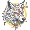 Snarling wolf face, Red Sigil left eye, Gold Sigil right eye, peerless scar under right eye. Glistening scythe in backgr tattoo design idea