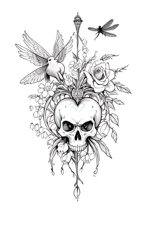 sacred heart, thunderbird, kite bird, dragon fly, carnation, rose, Lilly of the valley, marigold, evil eye, skull,cherub tattoo design idea