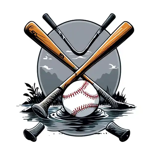 fishing scene, hockey sticks, baseball bat hanging tattoo design idea