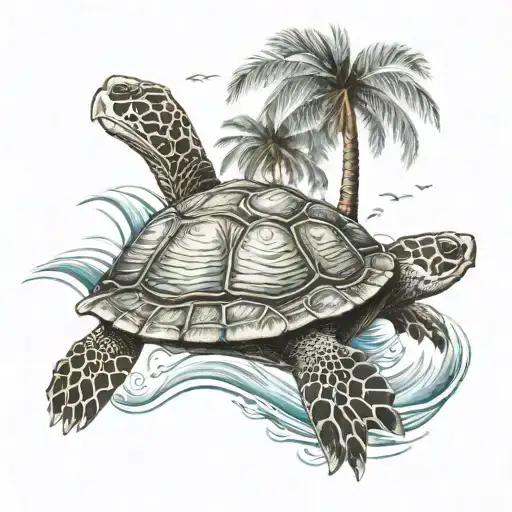 turtle, waves, palm trees by the sea tattoo design idea