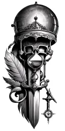 lighthouse, flintlock pistol, hourglass, quill pen, cutlass sword and compass tattoo design idea