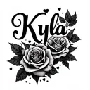 Create an artistic tattoo of the name "Kyla" with roses and hearts tattoo design idea