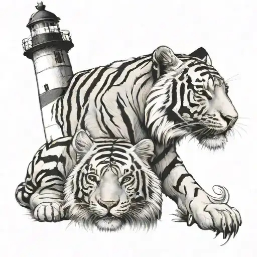WHITE TIGER AND LIGHTHOUSE tattoo design idea