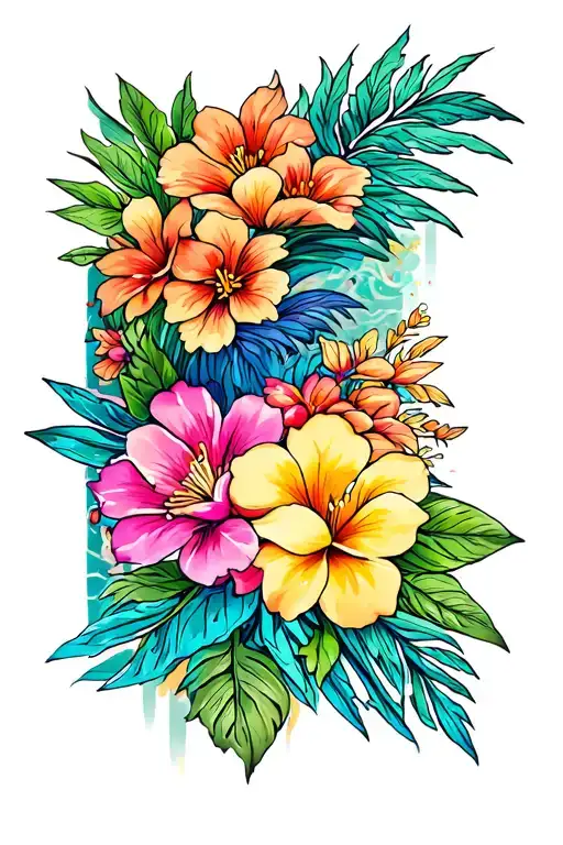 Hawaiian islands surrounded by flowering tattoo design idea
