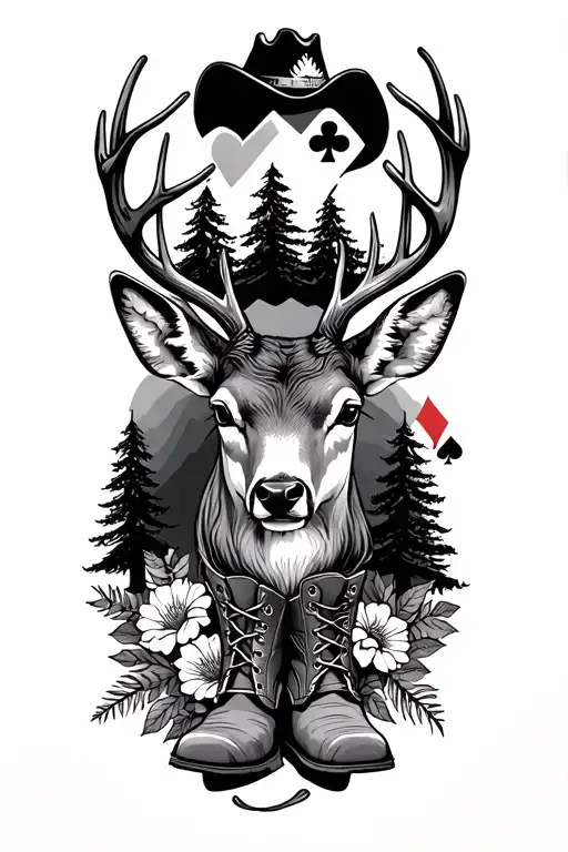 mountains, deer head with trees, rifle, boots, cowgirl hat, cardinal, flowers, playing cards  tattoo design idea