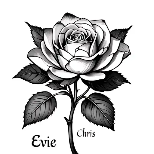 a rose with the name Evie in the stem and a waterlilly connected to it with the name Chris in the stem tattoo design idea