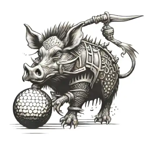 wild hog in armor holding golf ball tattoo design idea