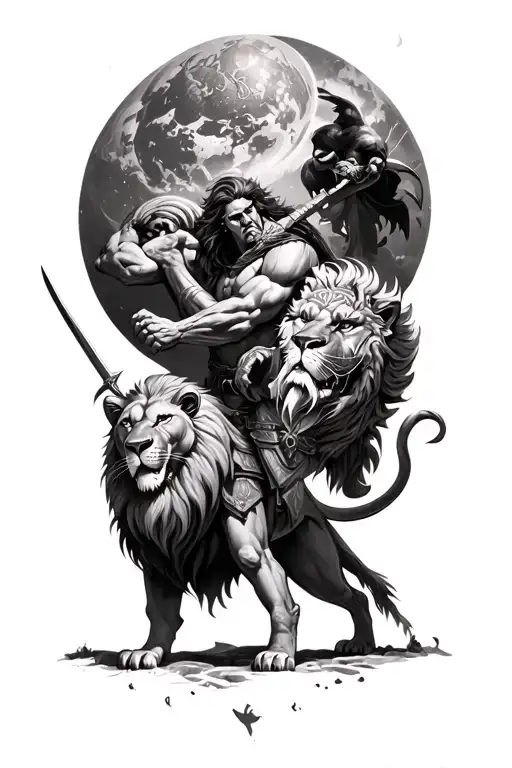 War god Mars fights with a lion tattoo design idea