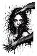 A woman, face hidden, is torn between a dark hand pulling her into chaos and a gentle one guiding her on light. tattoo design idea