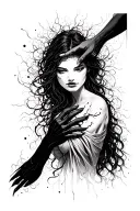 A woman, face hidden, is torn between a dark hand pulling her into chaos and a gentle one guiding her on light. tattoo design idea