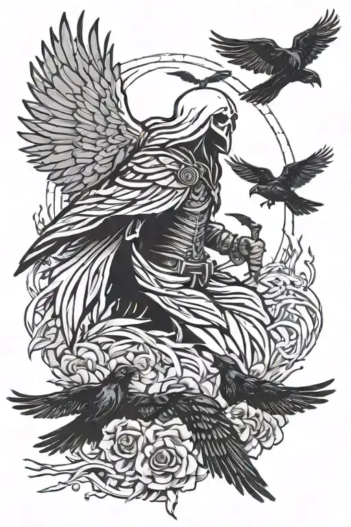 death, crows all different sizes, angel of death angel, norse tattoo design idea