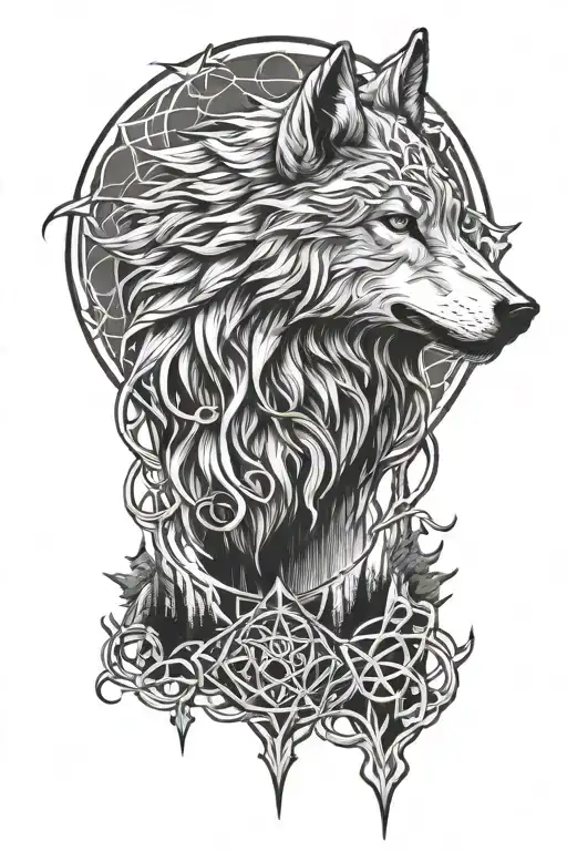 wolf howling Celtic knot forrest themed half sleeve tattoo design idea