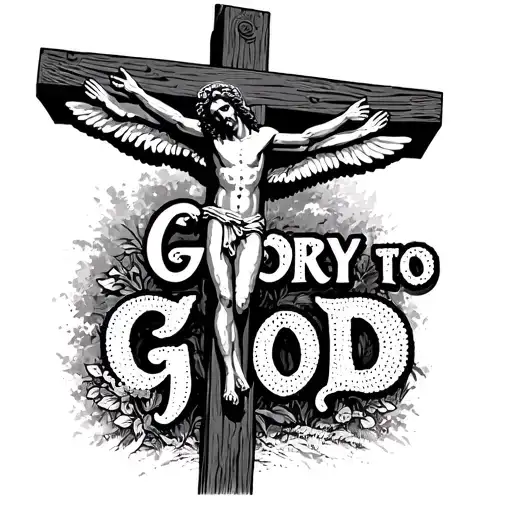 "Glory to God" Calvary hill with Jesus hanging on a cross, the cross has wings and a halo tattoo design idea