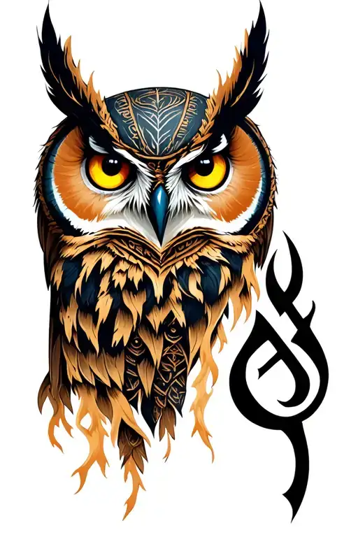 viking forest with owl eyes and rune symbolizing strength tattoo design idea