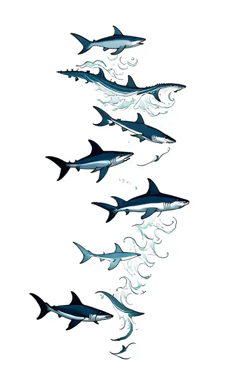 waves going up spine with sharks swimming tattoo design idea