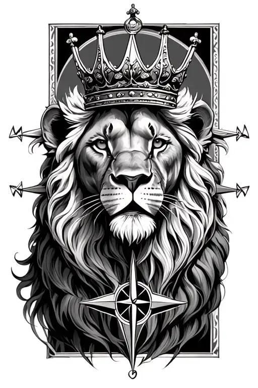 compass and lion wearing a crown tattoo design idea