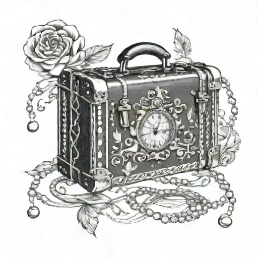 A realistic tattoo of a vintage suitcase adorned with beaded patterns and rhinestones, representing your passion for travel and crafting tattoo design idea
