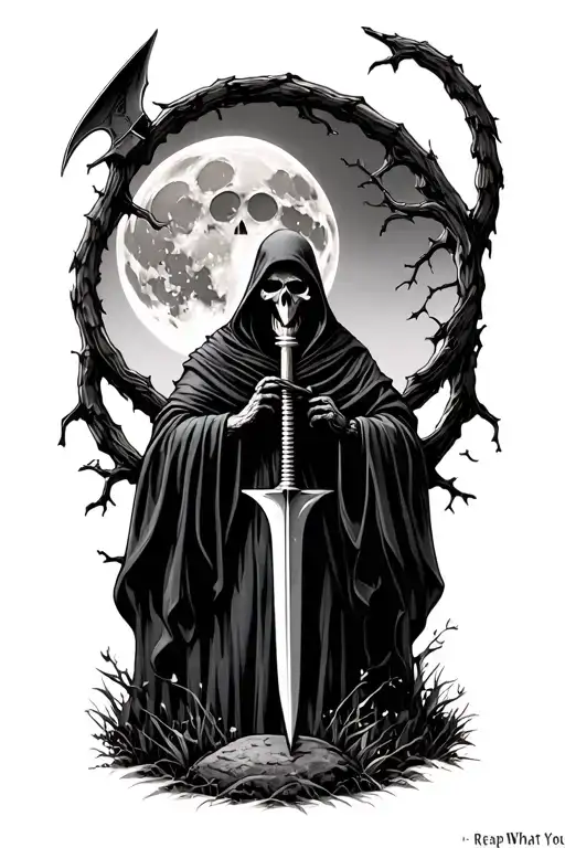 "Reap What You Sow" grim reaper and scyle blade at night moon gothic graveyard  tattoo design idea