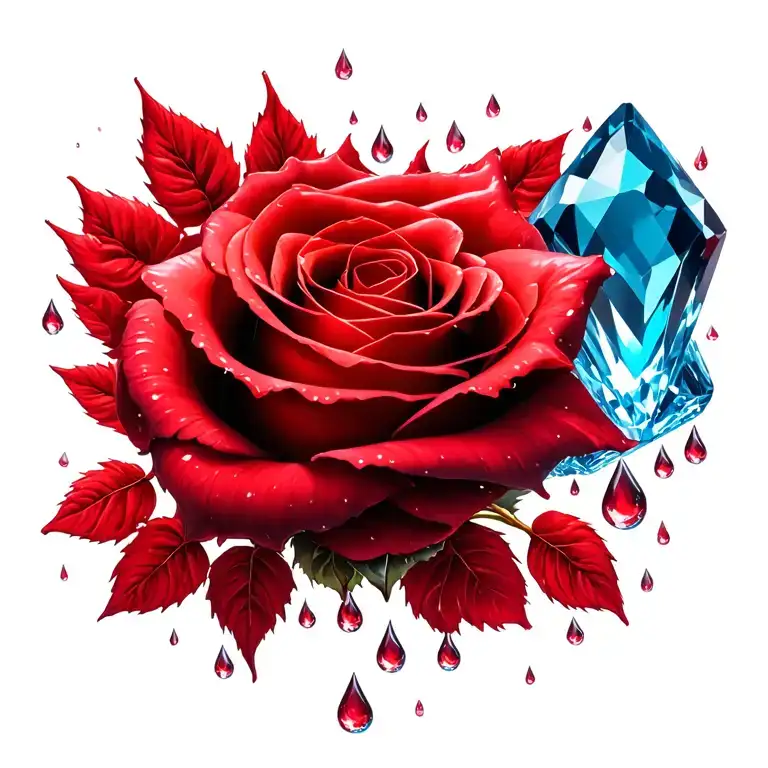 1 large faceted blue gem in center, surrounded by red rose, Rain drops, love, fertility tattoo design idea