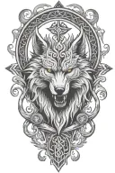 fenrir whit runes and snake, tree of life intertwined, viking axes tattoo design idea
