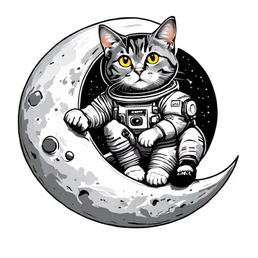 Tattoo Gray Cat Briton in an astronaut with yellow eyes sitting on a round moon on top tattoo design idea