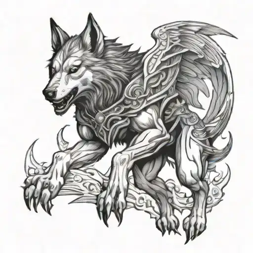 Fenrir wolf with Armor clad angel wielding full hand tattoo design idea