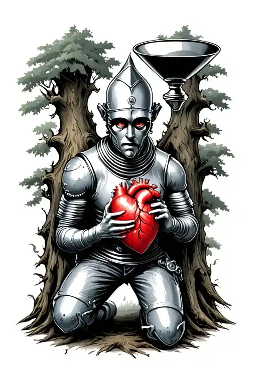 The tinman with a funnel head, kneeling, holding his realistic heart in his hads, sourounded by agry faced trees tattoo design idea