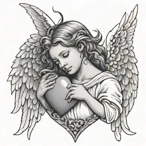 angel holding a heart crying tattoo design idea