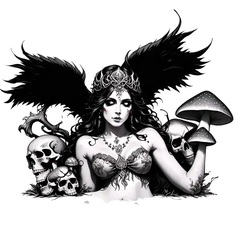 sexy pagan goddess from the chest up. surrounded by skulls and mushrooms. tattoo design idea