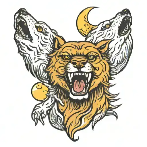 three headed dog holding the moon in its paws. one head is happy. one head is angry. the other head is sad and howling tattoo design idea