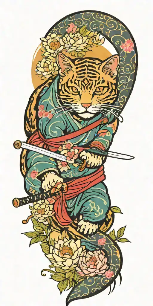 ninja cat holding katana, tail, water, waves, lotus, sakura, clouds, whirlpool, leaves, peony tattoo design idea