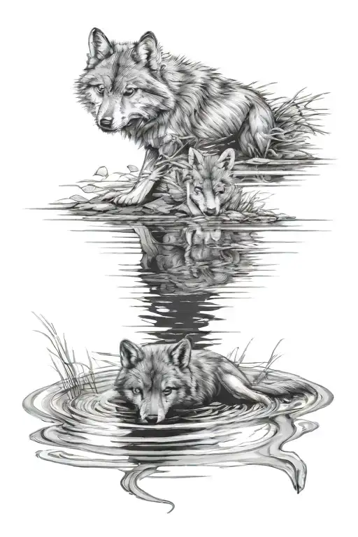 tattoo on forearm. Baby wolf looking down into a river and seeing a reflection of an adult wolf in the water. realistic tattoo design idea