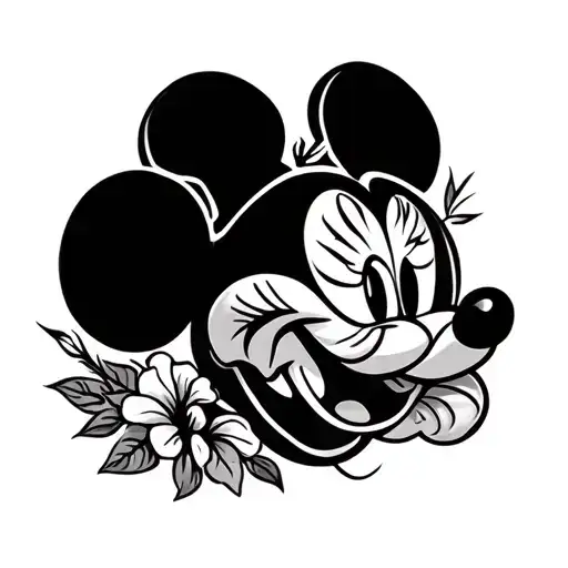 Mickey Mouse head silouhette no face filled with tribal design inside and a hibiscus flower on the outside tattoo design idea