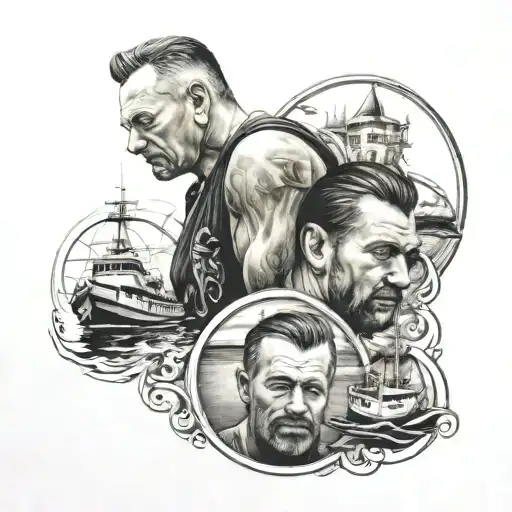 a full sleve tattoo of my dad who passed away looking over my and my 2 brothers and  the bottom with boats and achors tattoo design idea