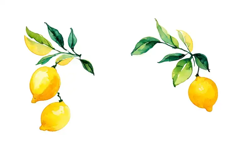 Delicate watercolor lemon branch hanging sideways with three lemons and leaves tattoo design idea