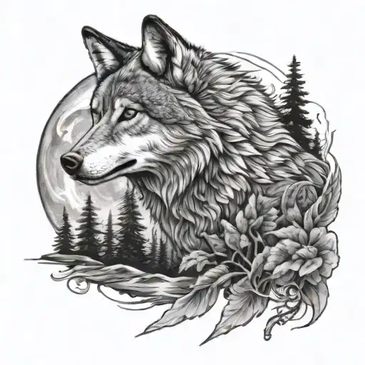 scared wolf survival with nature scene while body tattoo design idea