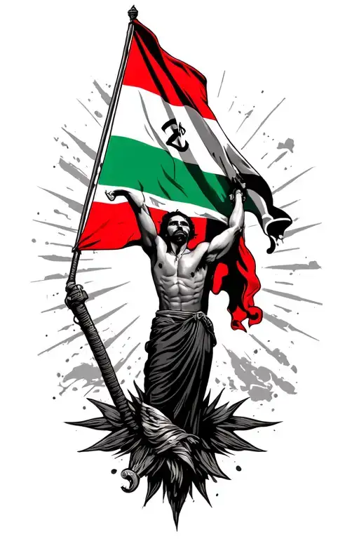 chicano style tattoo combined with 313 Shia ali lifting iraqi flag tattoo design idea