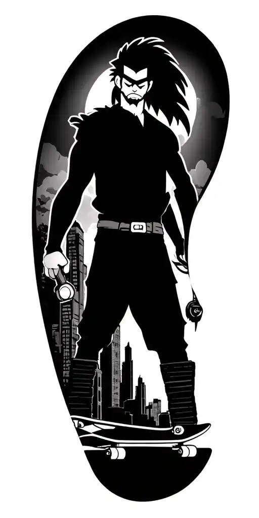 full arm on samurai jack's style tattoo on modern city with apu of background and jack on a skateboard  tattoo design idea