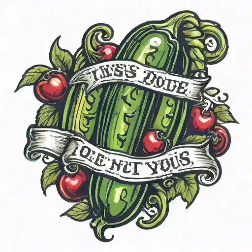 trad style colored pickle and cherry next to text in times new Roman that says A loss does not define you  tattoo design idea