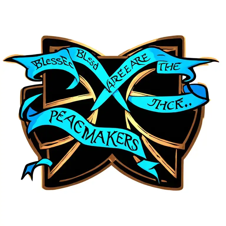 celtic Cross with ""Blessed are the peacemakers" written on blue flowing ribbon draped on cross tattoo design idea