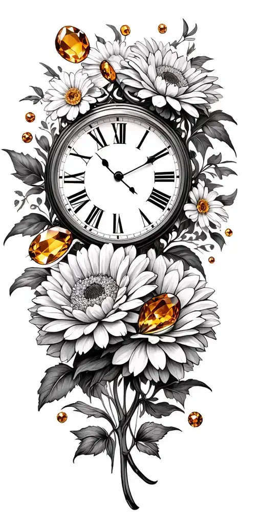roman numerals clock, father-daughter, citrine stones, chrysanthemum flowers, November tattoo design idea