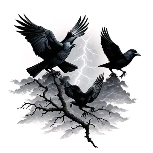 4 crows with trees and cloudy lightning storm  tattoo design idea